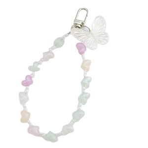 Handmade beaded phone strap with colorful heart beads and a translucent butterfly pendant