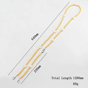 Yellow beaded crossbody chain with white hearts and silver lobster clasps, 1280mm long