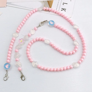Lanière en perles roses et acrylique en cœur avec fermoirs argentés pour téléphone ou sac