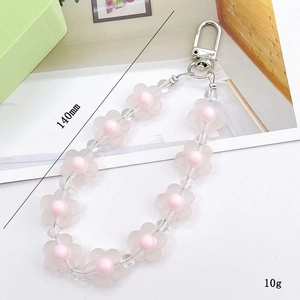 Pink frosted acrylic flower beaded keychain for bags and phones with metal lobster clasp