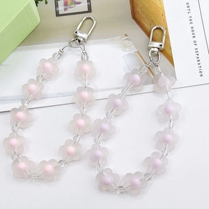 Frosted flower acrylic beaded keychain with pink beads and silver metal hook charm