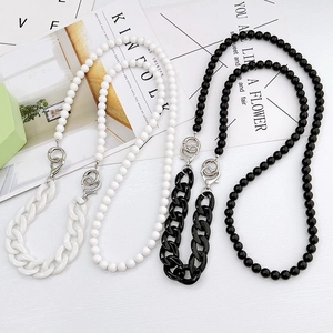 Crossbody acrylic bead phone lanyard chain with silver heart buckle in black and white