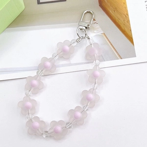 Pink acrylic flower beaded keychain with frosted petals and a silver lobster clasp