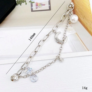 Bracelet double chaîne argentée avec pendentif lune et zircons, longueur 140mm