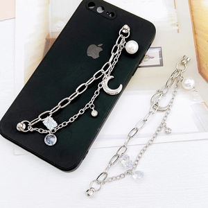 Chaîne Double Couche Argent Pendentif Lune Künstliche Perle Artificielle Zircone Coque Téléphone Sac Accessoires Bijoux Femme