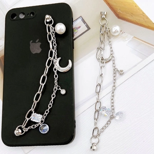 Chaîne de lune en métal argenté avec zircons et perles pour déco de coque de mobile