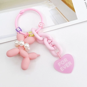 Pink matte balloon dog keychain with pearl necklace and heart charm for bag accessory