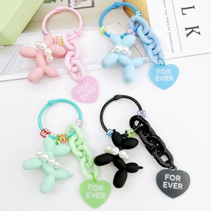 Cute resin balloon dog keychain with heart charm and matte finish in multiple colors