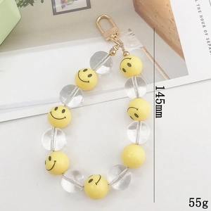 Acrylic beaded smiley face keychain with clear resin beads and gold clasp, 145mm long