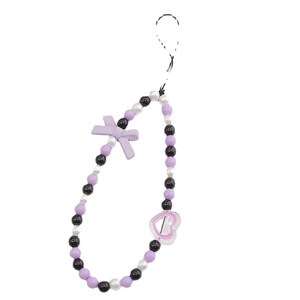 Purple beaded phone strap with bear bow charms and heart pendant for women