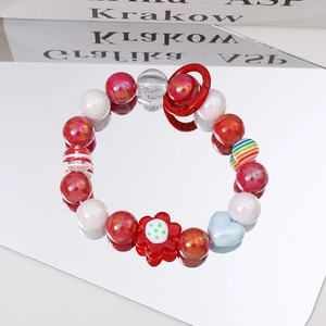 Handmade beaded bracelet with red flower and blue heart charms for women or phones