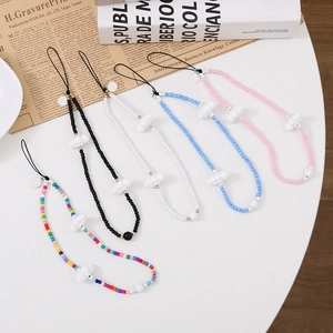 Détails de dragonnes de téléphone perlées colorées avec charms nuages blancs et argent