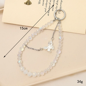 Iridescent beaded phone charm strap with silver butterfly pendant and metal ring clasp