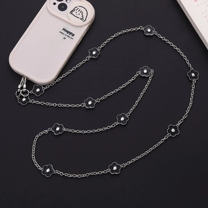 Silver metal chain phone strap with black enamel flower charms and secure spring hooks