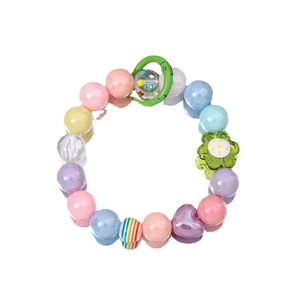 Pastel beaded phone strap with heart and flower charms on a clear reflective surface
