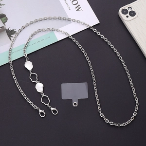 Polished silver metal cross-body phone chain with irregular charms and transparent patch