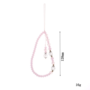Pink crystal beaded phone charm strap with frosted round beads and polished accents