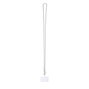 Crossbody silver metal chain phone lanyard with white attachment card for smartphones