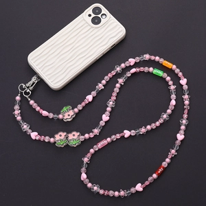 Pink candy-colored acrylic beaded crossbody phone strap with heart and star charms