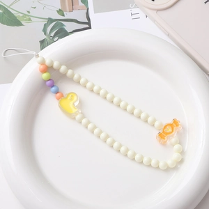Colorful acrylic beaded phone wrist strap with cute yellow duck and candy heart pendants