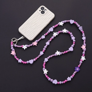 Long colorful acrylic beaded phone lanyard with stars, flowers, and silver carabiner