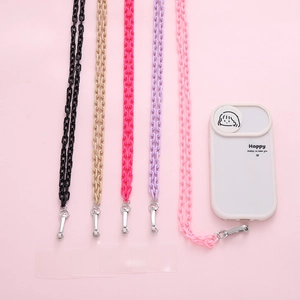 Detail of colorful acrylic phone crossbody chains with lobster clasps and pads
