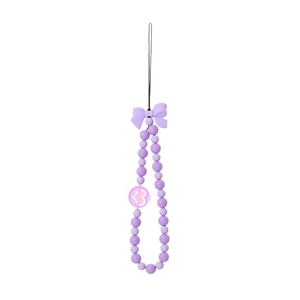 Handmade purple acrylic beaded phone strap with bow charm and heart bead detail
