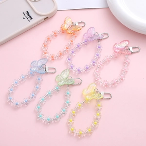 Laser Butterfly Flower Beaded Phone Charm Girly Sweet Plastic Keychain For Phone Case Earphone Shell Decorative Strap