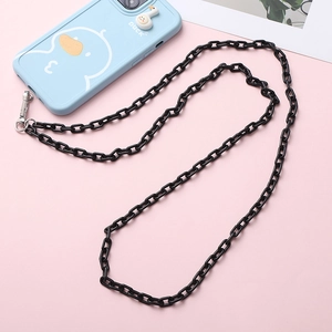Detail of slim black acrylic phone chain strap with durable silver metal lobster clasps