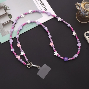 Colorful acrylic beaded mobile phone lanyard with heart and star shapes and metal clasp