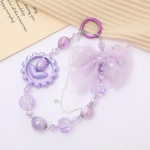 Ciondolo per telefono con perline viola, fiocco in tulle e pendente a tulipano