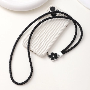 Braided black PU leather phone lanyard with a camellia flower pendant and silver clasp