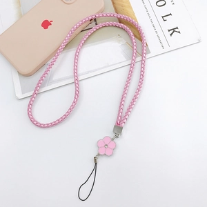 Pink braided PU leather phone strap featuring a crystal flower charm and silver metal base