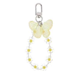 Yellow acrylic butterfly charm and transparent flower beaded keychain with silver clip