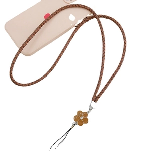 Braided brown PU leather phone lanyard with a camellia flower pendant and metal connector