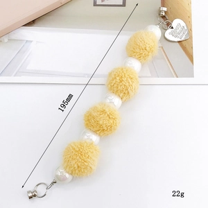 Plush ball and pearl mobile phone chain with heart charm and metal clasp length 195mm