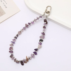 Handmade purple crystal stone beaded phone wrist strap with silver metal beads and clasp