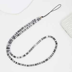 Cordon de téléphone élégant fait main en perles d'argile grise et noire, design minimaliste
