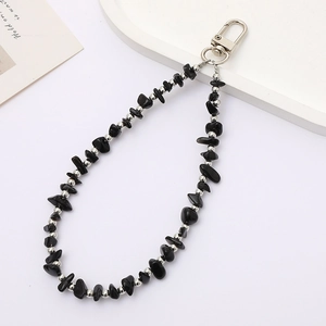 Handmade phone strap featuring black gemstone beads and silver metallic beads with clasp