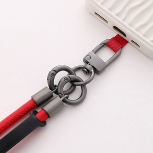 Durable 6mm red leather crossbody phone lanyard with multi-ring metal buckle and dual cords