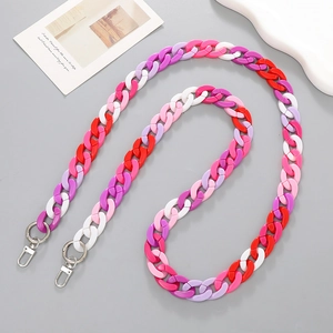 Bunte Acryl-Umhängekette mit lila-rosa Ringen und silbernen Metallverschlüssen für Taschen