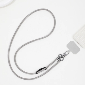 Close-up of grey braided phone lanyard with gunmetal hook and durable patch