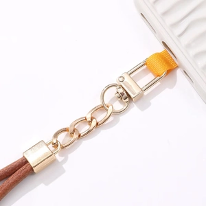Cordon de téléphone long en cuir avec chaîne en métal doré et sangle ronde marron