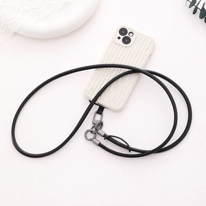 Close-up of durable black leather phone crossbody strap with dark gunmetal clasp hooks