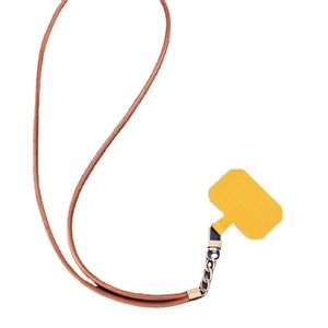 Cordon de téléphone en cuir tressé marron avec insert jaune et attaches en métal doré