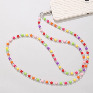 Colorful 120cm acrylic beaded crossbody phone strap with silver clasp on beige case