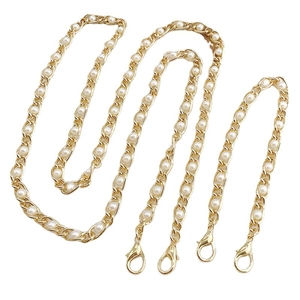 Golden metal bag chain strap set with white pearls and secure lobster clasps