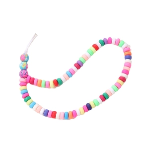 Colorful heishi bead phone strap with heart pattern charms on a white background
