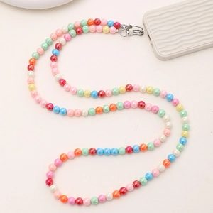 Detailed S-curve view of colorful macaron acrylic beaded phone strap with metal clasp