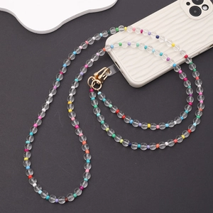 Detailed view of long colorful acrylic beaded crossbody phone chain with golden clasps
